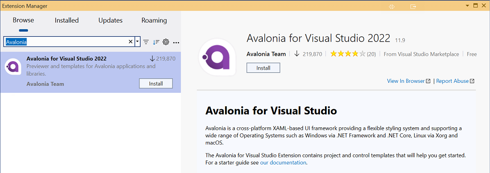 Avalonia extension in the Manage Extensions window