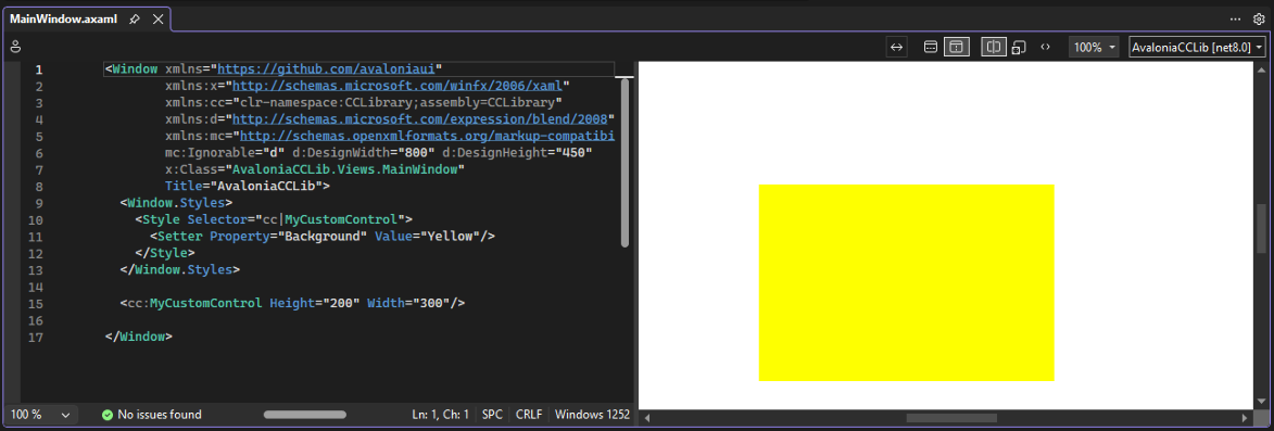 A screenshot of an IDE, displaying XAML code in one window and a preview of a user interface in another.