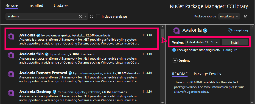 A screenshot demonstrating how to install the Avalonia NuGet package in Visual Studio.