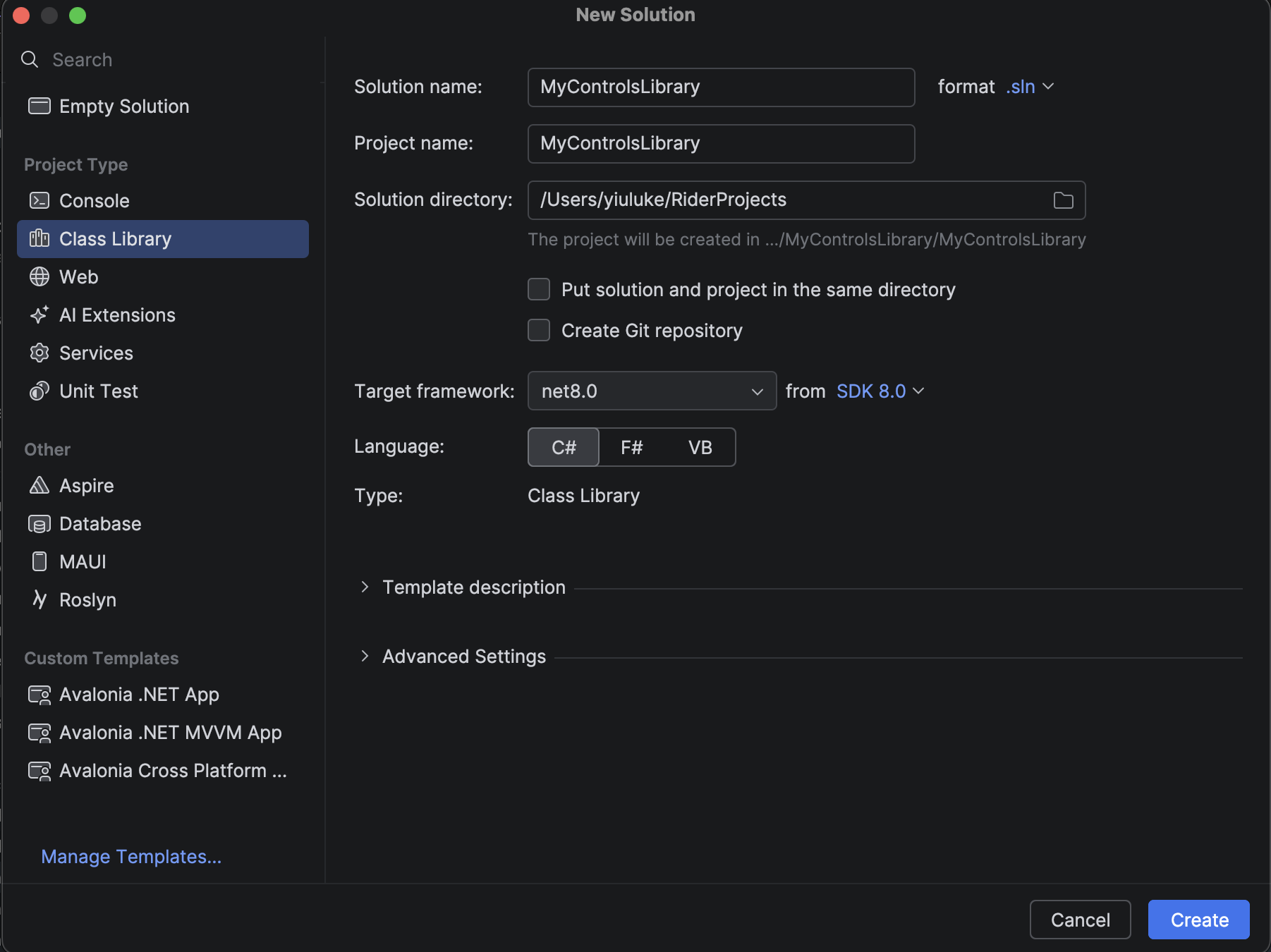 A screenshot of the new project menu in Rider.