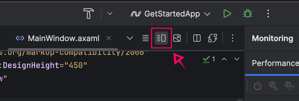 A screenshot highlighting which button enables XAML preview in Rider.